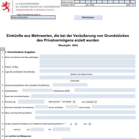 Aperçu du document Einkünfte aus Mehrwerten, die bei der Veräußerung von Grundstücken des Privatvermögens erzielt wurden — Plus-values d'immeubles du patrimoine privé, Luxembourg (CERFA n°700 D)